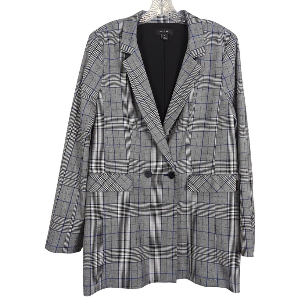 Halogen Womens Gray Black blue Plaid Double-Button Blazer career sz XL